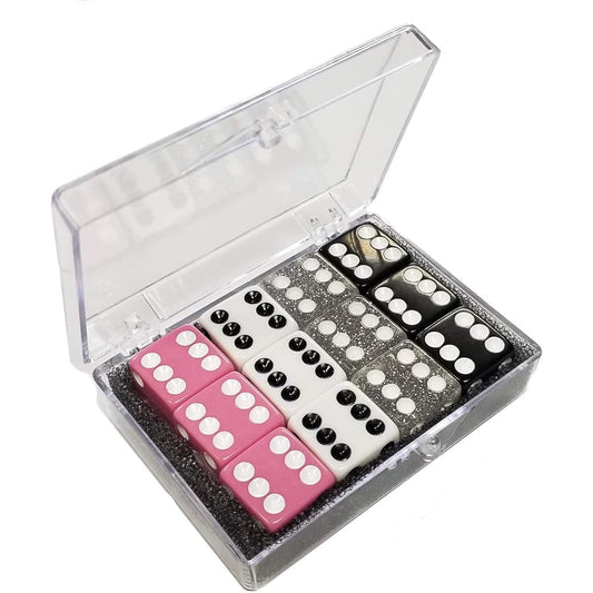 Set of 12 Opaque dice - Pink - White - Black in Acrylic Box