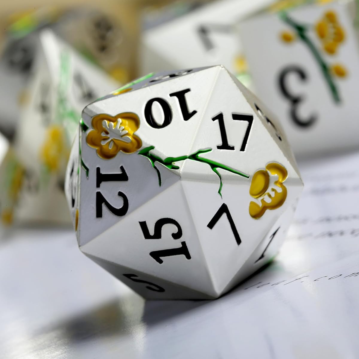 DNDND Silver Metal DND Dice 7pc Heavy Flower Metallic D&D Dice Set with Huge Gift Case for Dungeons and Dragons Tabletop Game (Yellow Flowers on Matte Silver)