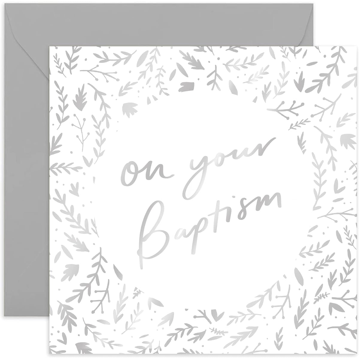 Old English Co. On Your Baptism Day Floral Card - Silver Foil Religious Faith Card for Boy or Girl | Celebrate a Special Day with Family or Friends | Blank Inside & Envelope Included