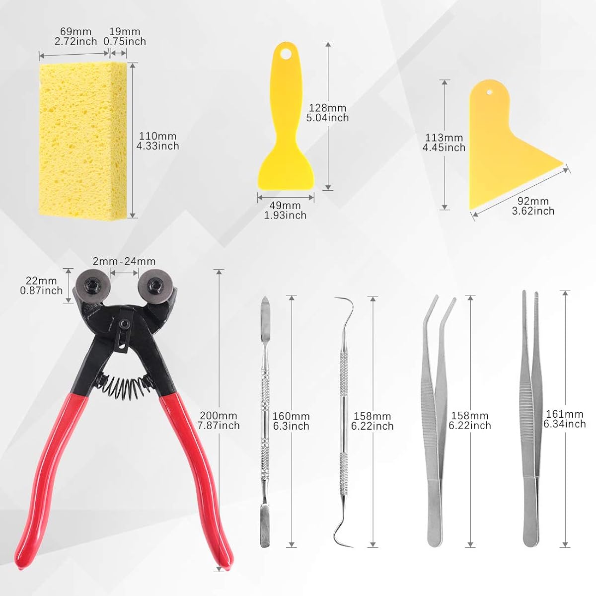 Swpeet 8 Pieces Mosaic Tool Kit Heavy Duty Glass Mosaic Cutting Nippers with Wheeled Cutter Pliers and 2 Scrapers, 2 Tweezers, 1 Double Ended Hook, 1 Spatula and 1 Sponge for Mosaic Tiles