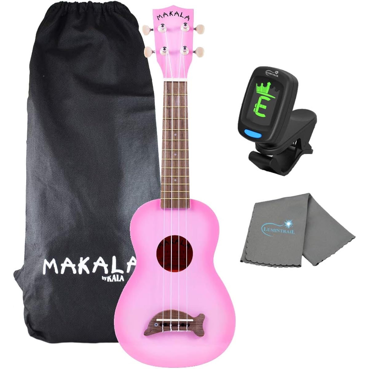 Kala Makala Pink Burst Dolphin Soprano Ukulele - MK-SD/PKBURST with Color Tuner and Luminto Rail Polishing Cloth