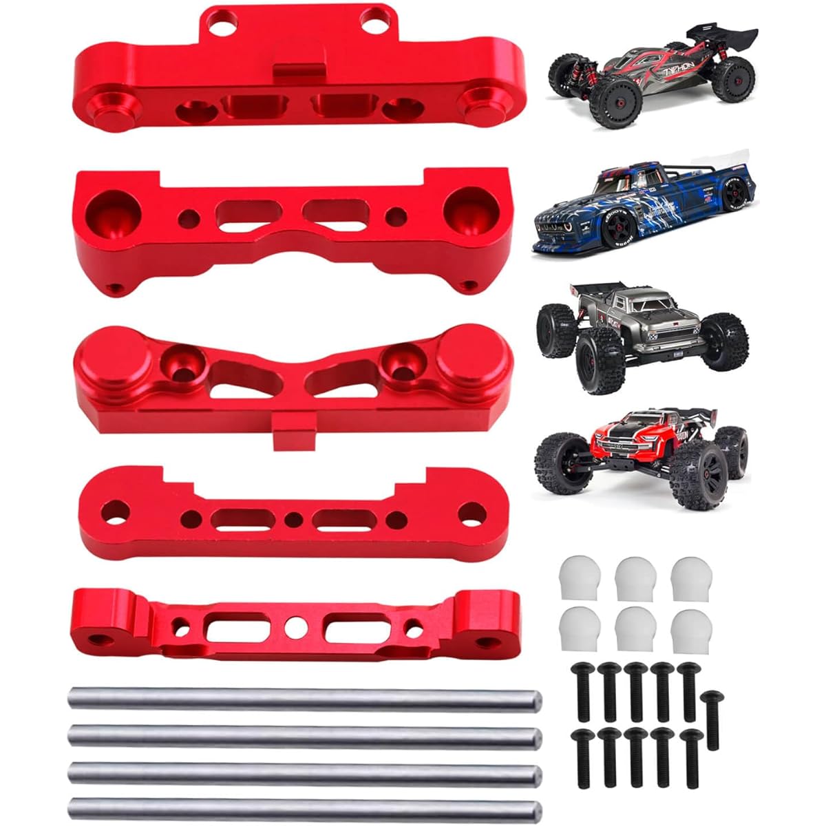 RCMYou Alloy Arm Suspension Mount Upgrade Parts for Arrma 1/8 Karton 6s, Outcast 6s, Typhon 6s / 1/7 Felony 6s, Infraction 6s, Aluminum Front Lower/Front Upper/Rear Lower Arm Suspension Mount, Red