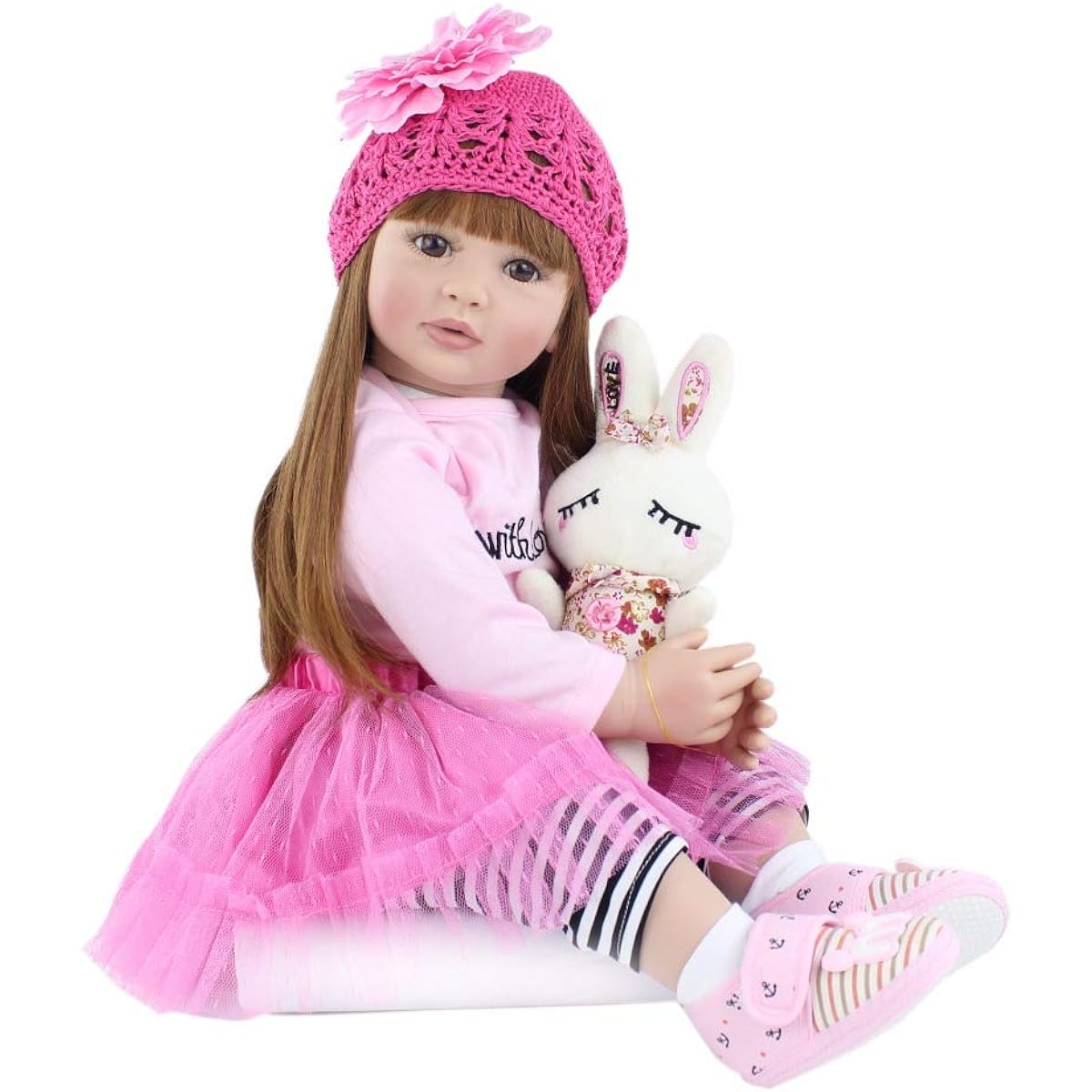 Pinky Real Look 24 Inch 61cm Reborn Doll Lifelike Toddler Doll Vinyl Silicone Long Hair Baby Toy Gift