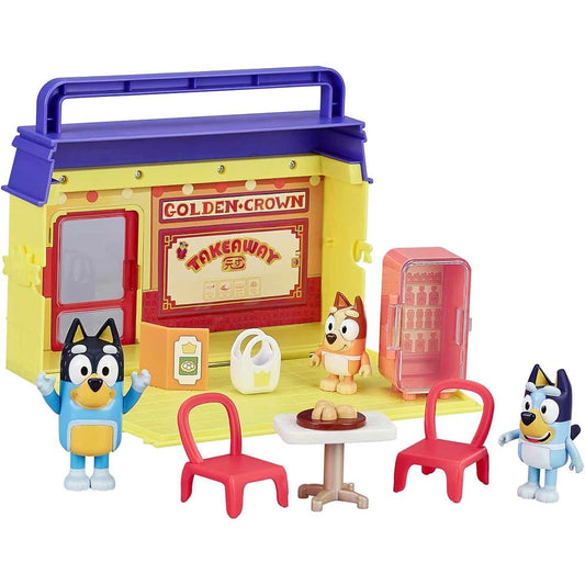 Bluey Takeout Playset - 1 Restaurant Playset, 3 Figures, 7 Accessories, Pack and Go Playset, 11 Pieces Total