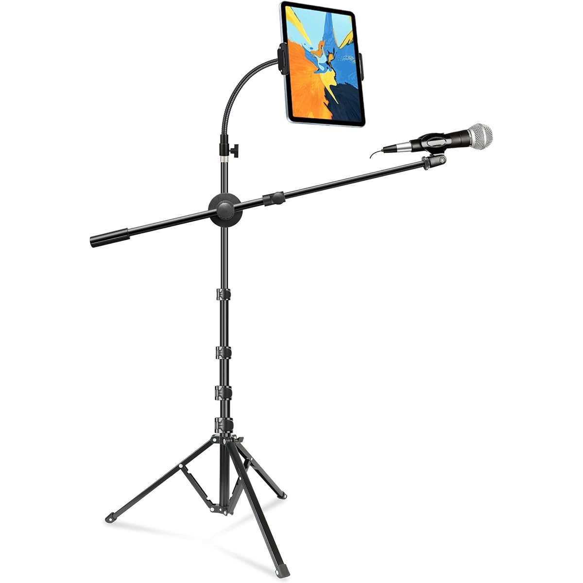 elitehood Boom Microphone Stand with iPad Holder, Heavy Duty Microphone Stand with Tablet Holder Mount, Tablet Floor Tripod Stand for iPad Cell Phone Mic, Foldable Microphone Stand for Singing & Music