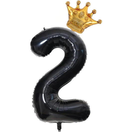 40" Black Number 2 Crown Balloon Set, Happy 2nd Birthday Balloons, Wedding Anniversary Celebration Decorative Balloons (2)