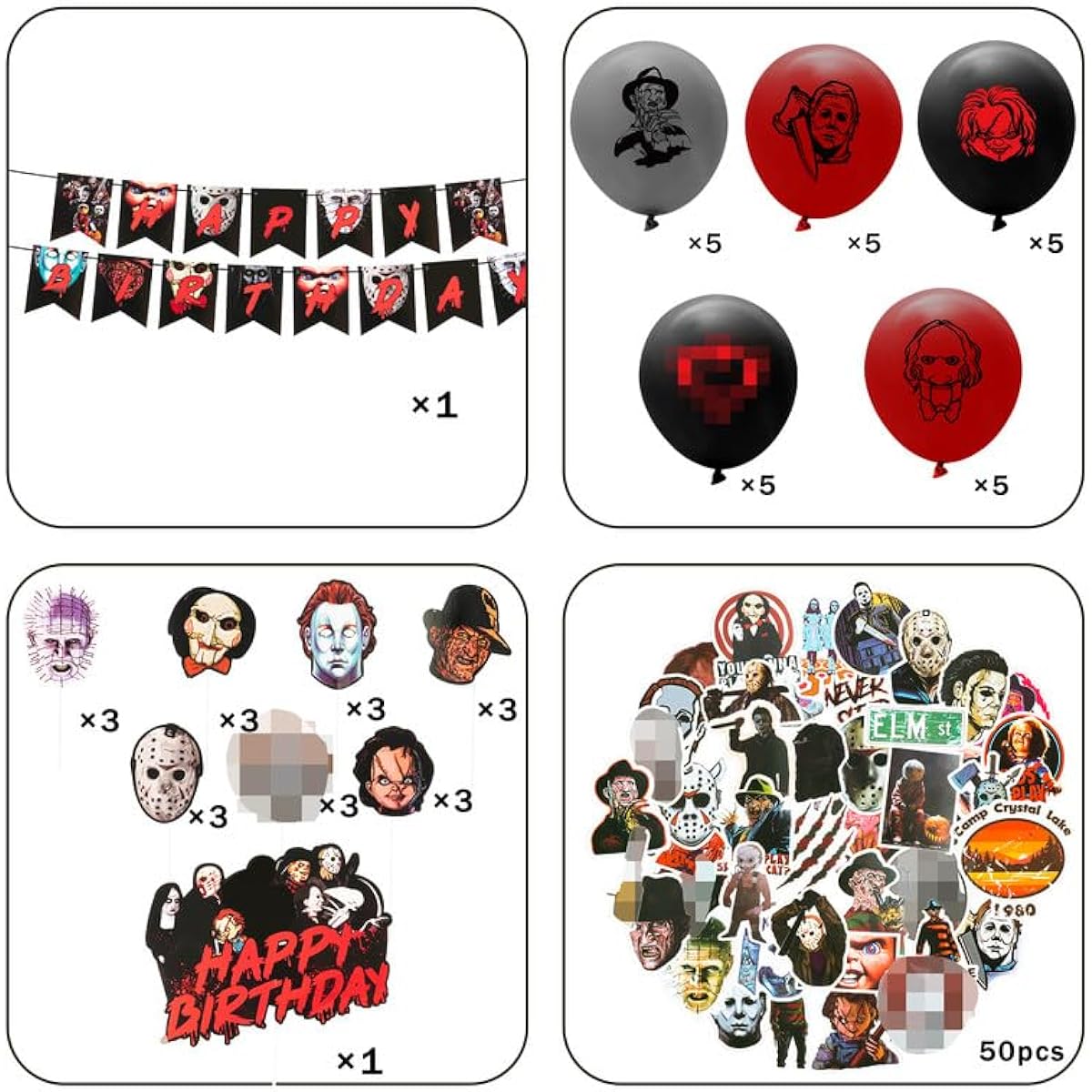 101P Horror Movie Characters Party Kit,Horror Characters Banner,Balloons,Sticker,Birthday Cupcake Toppers for Boys Girls Adults Halloween Birthday Party Supplies