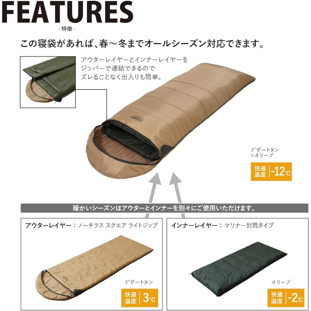 Snugpak Sleeping Bag, Sleeping Bag, Sleeping Bag, Base Camp, Sleep System, Various Colors, Suitable for All Seasons, Spring, Summer, Autumn, Winter, Layer System, 2 in 1, Washable [Comfortable Temperature: 3°C to -12°C] (Genuine Japanese Product)