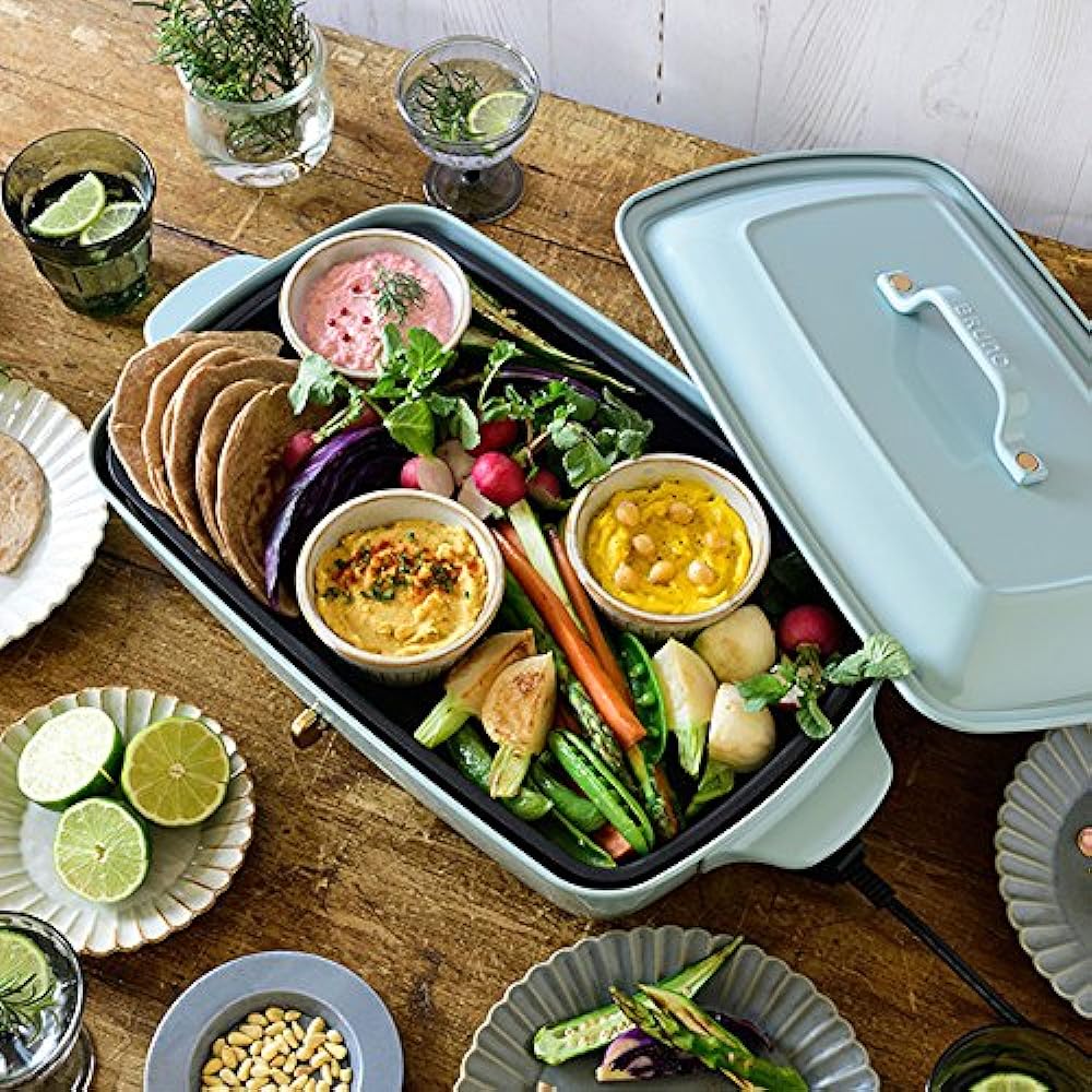 BRUNO Bruno Hot Plate Grande Size Body Includes 3 types of plates (Takoyaki flat surface Ceramic coated partition pot) Blue Gray Stylish Cute This one unit Lid Comes with a lid Temperature control Easy to wash For 4 or 5 people Large Large size Multiple