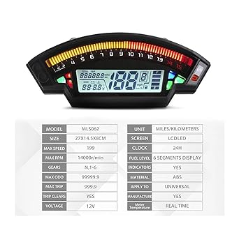 LED Indicator Odometer Fit for 1, 2, 4 Cylinder Moto Meter 14000RPM 6 Gear 199km/h Odometer Universal Motorcycle Accessories LCD TFT Digital Speedometer (Color : Black)