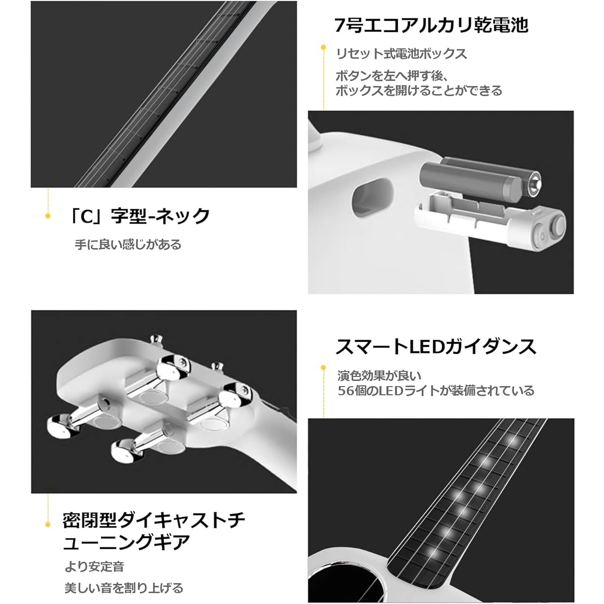 POPULELE Concert Ukulele Total Length 23 Inches All Carbon Fiber Nylon Strings LED Smart APP Control Beginner Ukulele Matte Texture White Beginner String Instrument