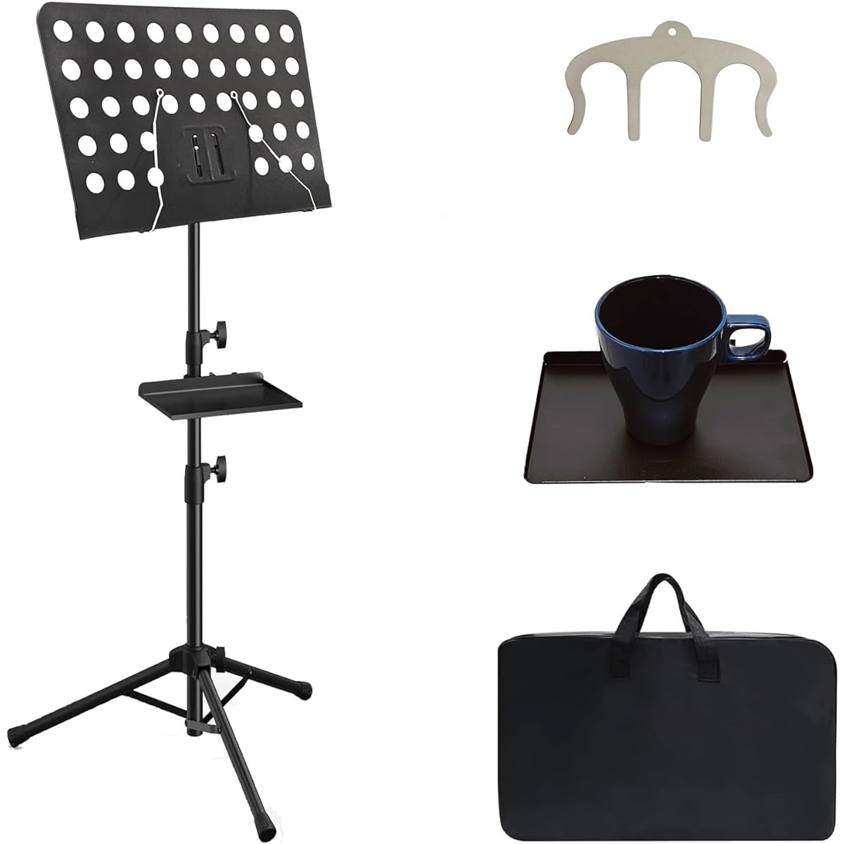 Tocnov Ultimate Music Stand, Portable Music Stand for Sheet Music with Clamp-on Tray, Music Clip and Carry Bag, Adjustable Height and Angle Design, Foldable Music Stand Set for Guitar Ukulele