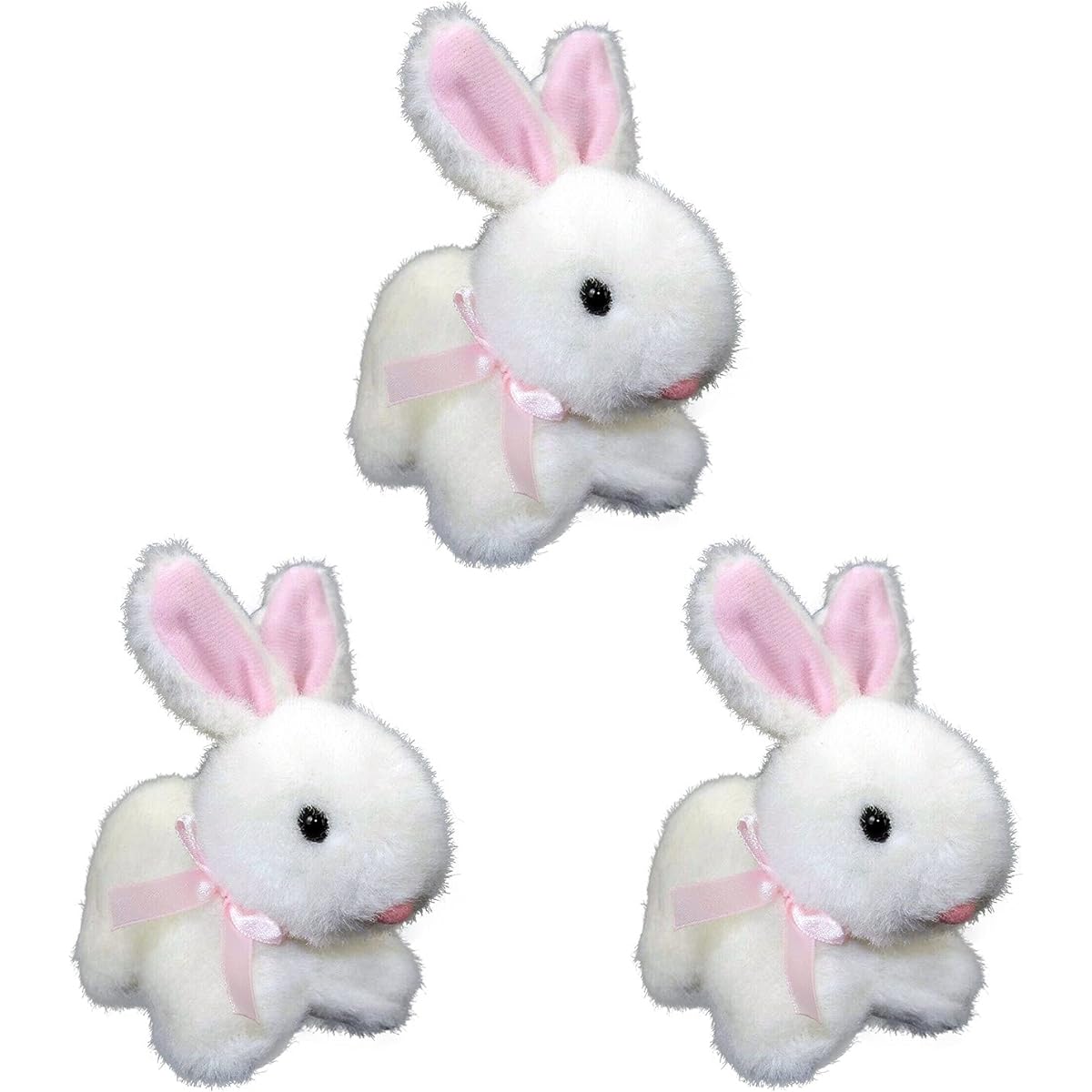 5" Plush Bunny Rabbit, White Fur with Pink Ears and Nose, Cute Cuddly Toy - Set of 3.