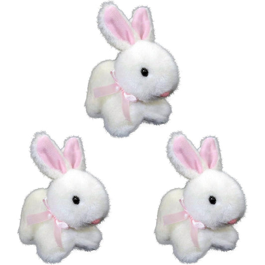 5" Plush Bunny Rabbit, White Fur with Pink Ears and Nose, Cute Cuddly Toy - Set of 3.