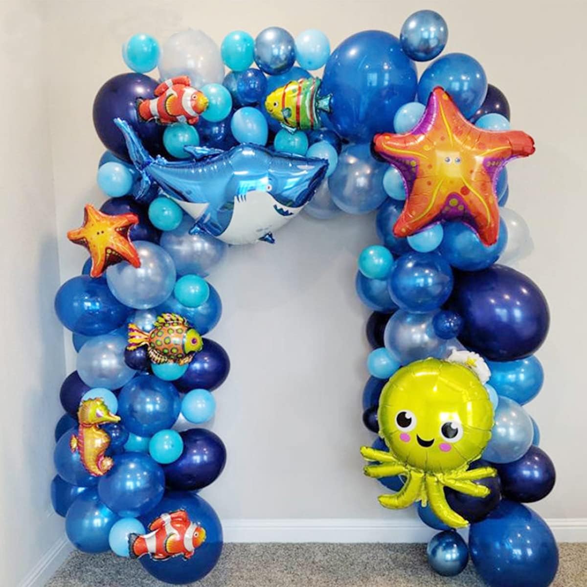 PageebO Ocean Animal Balloon Arch Kit, 120pcs Midnight Blue, Light Blue, Metallic Blue Different Sea Animal Balloons for Birthday Party