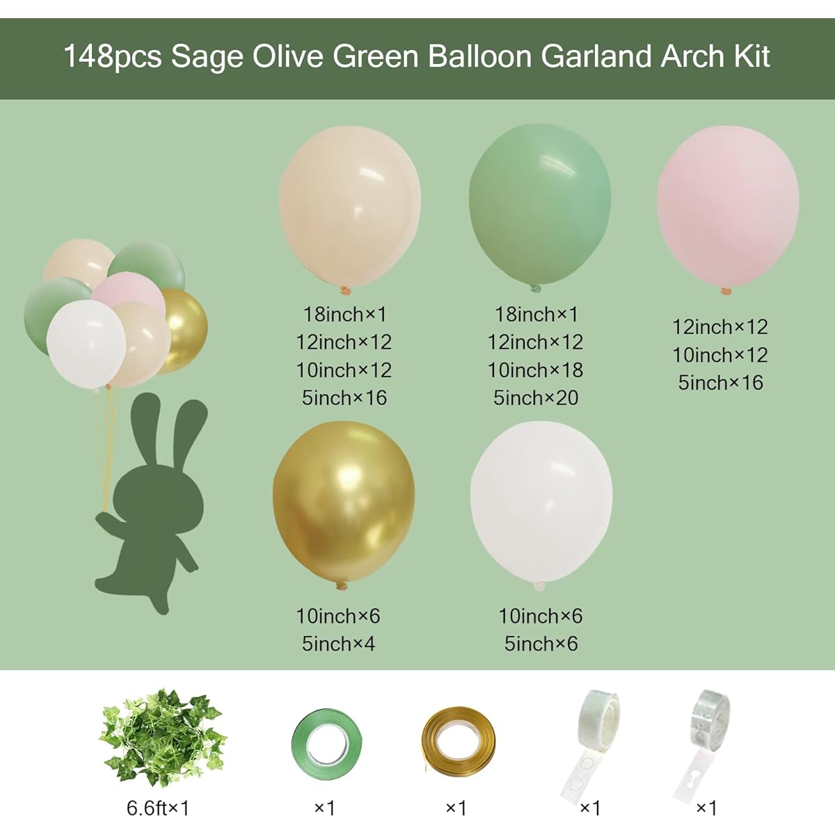 JULLIZ 148pcs Sage Olive Green Peach Blush Pink Balloon Garland Arch Kit with Ivy Leaves Jungle Safari Shower Birthday Theme Party Decorations Supplies