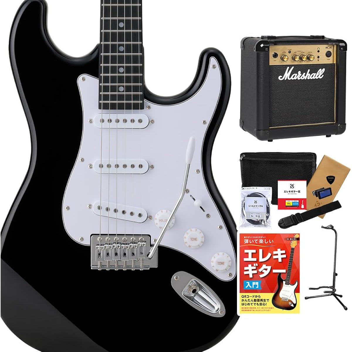 BUSKER'S BST-Standard BLK Electric Guitar Beginner Set with MG10 Stratocaster Roasted Maple Black Basker's