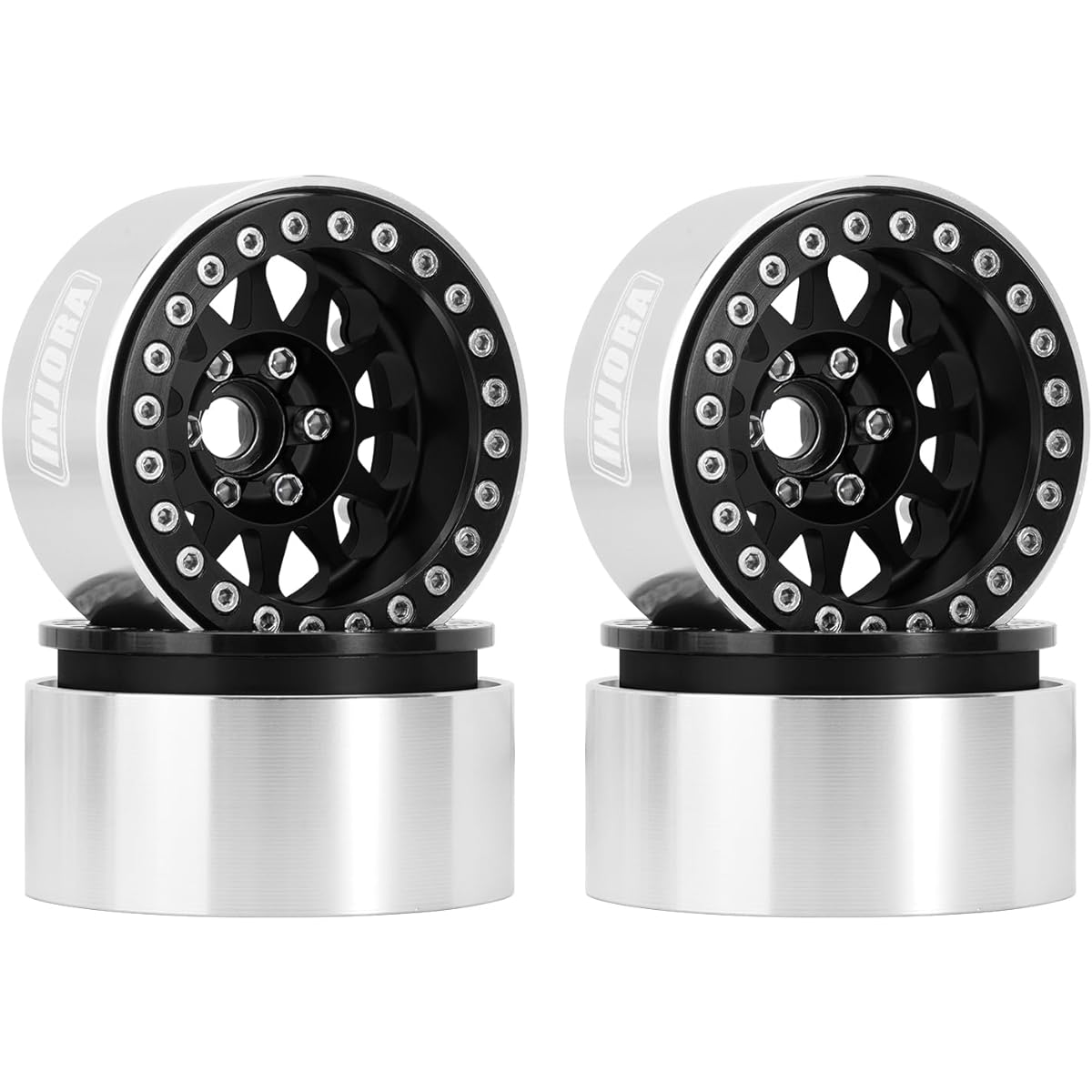 INJORA 1.9 Inch Beadlock Wheel Rim Minus Offset 10.4mm CNC Aluminum Wheel for TRX4 SCX10 Gen8 VS4-10 1/10 RC Crawler Vehicle (Black)