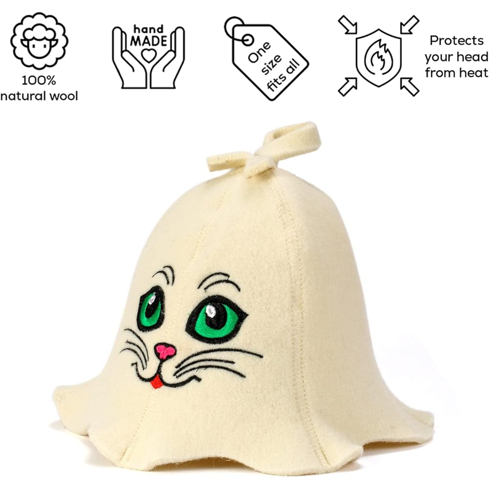 Natural Sauna Hat "Sauna Kitten" White/Gray 100% organic wool material makes you feel like you're in a Russian sauna - Protects your head from the heat - English e-book about saunas Comes with guide – embroidered