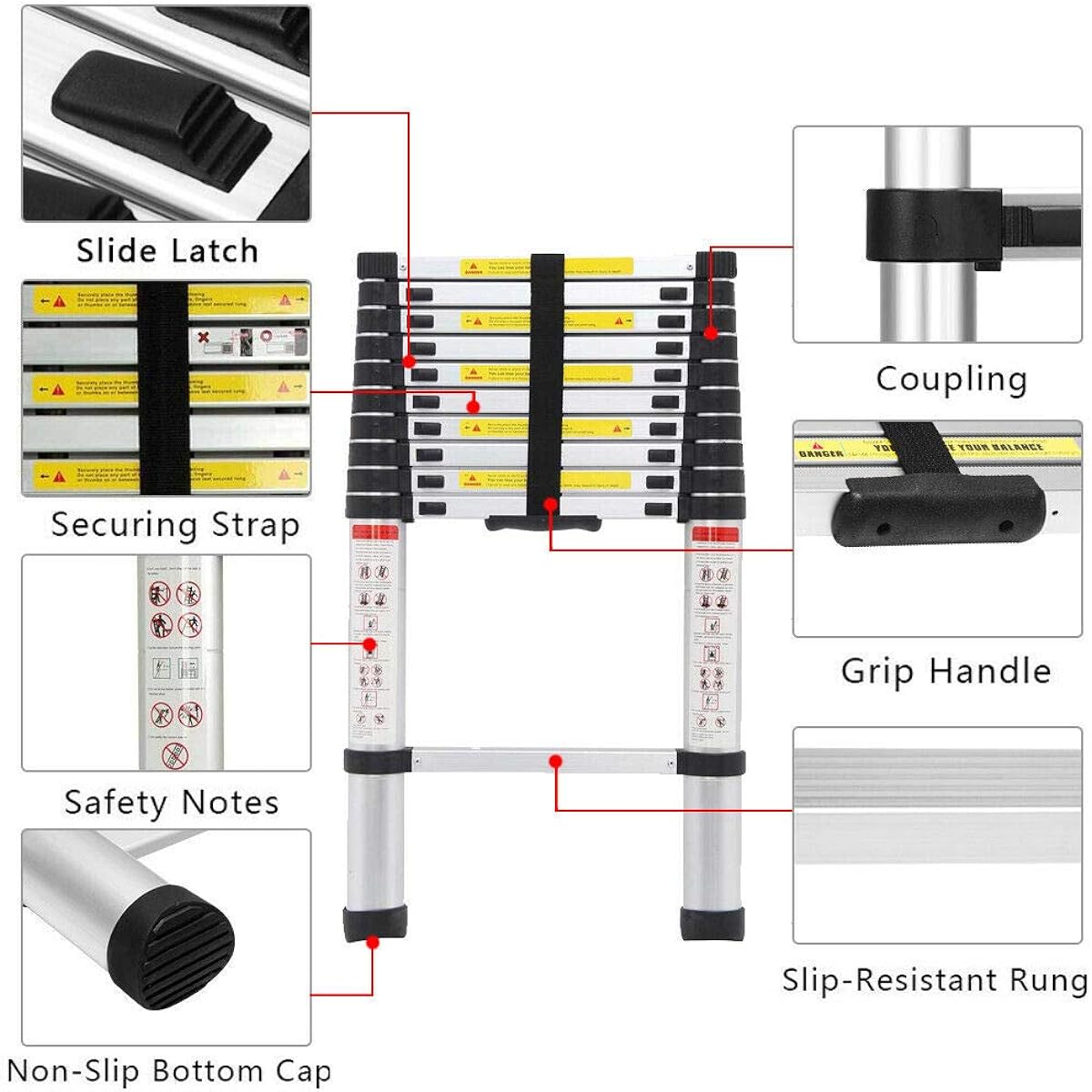 10.5Ft 3.2M Extendable Alminium Ladders Telescopic Folding Extending Portable 11 Steps Loft Extension Ladder DIY Multi Purpose Ladder UK Stock