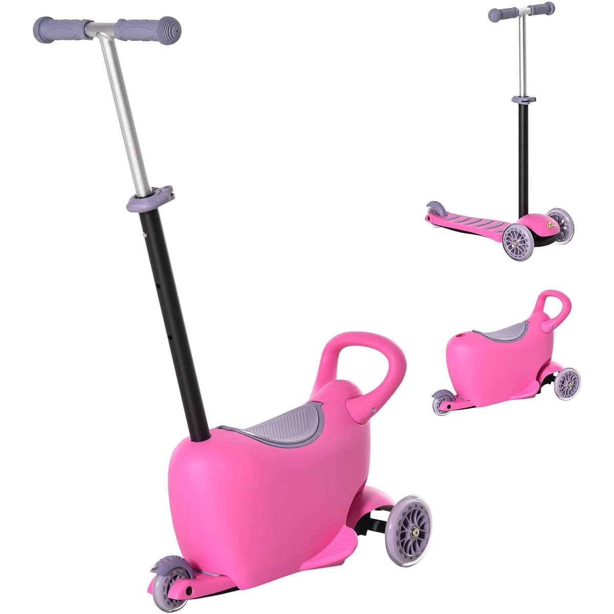 Qaba 3-in-1 Ride-On Push Car Kids Scooter Slide Walker Push Rider with Adjustable Handlebars Balance Wheels Removable Storage Seat for 2-6 Year Old Boys and Girls, Pink