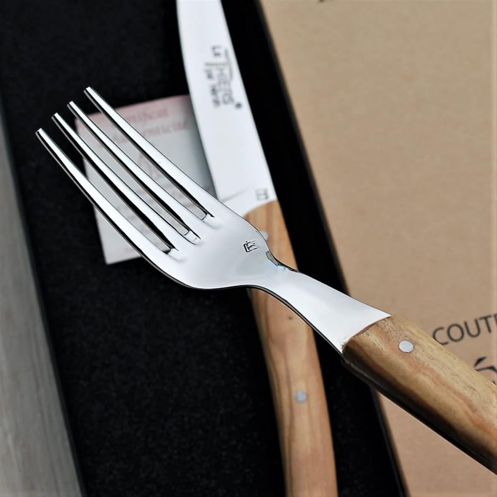 Natural Olive Handle Theirs 2.5mm Blade Steak Knife Fork Set Gift Box Made in France NERON