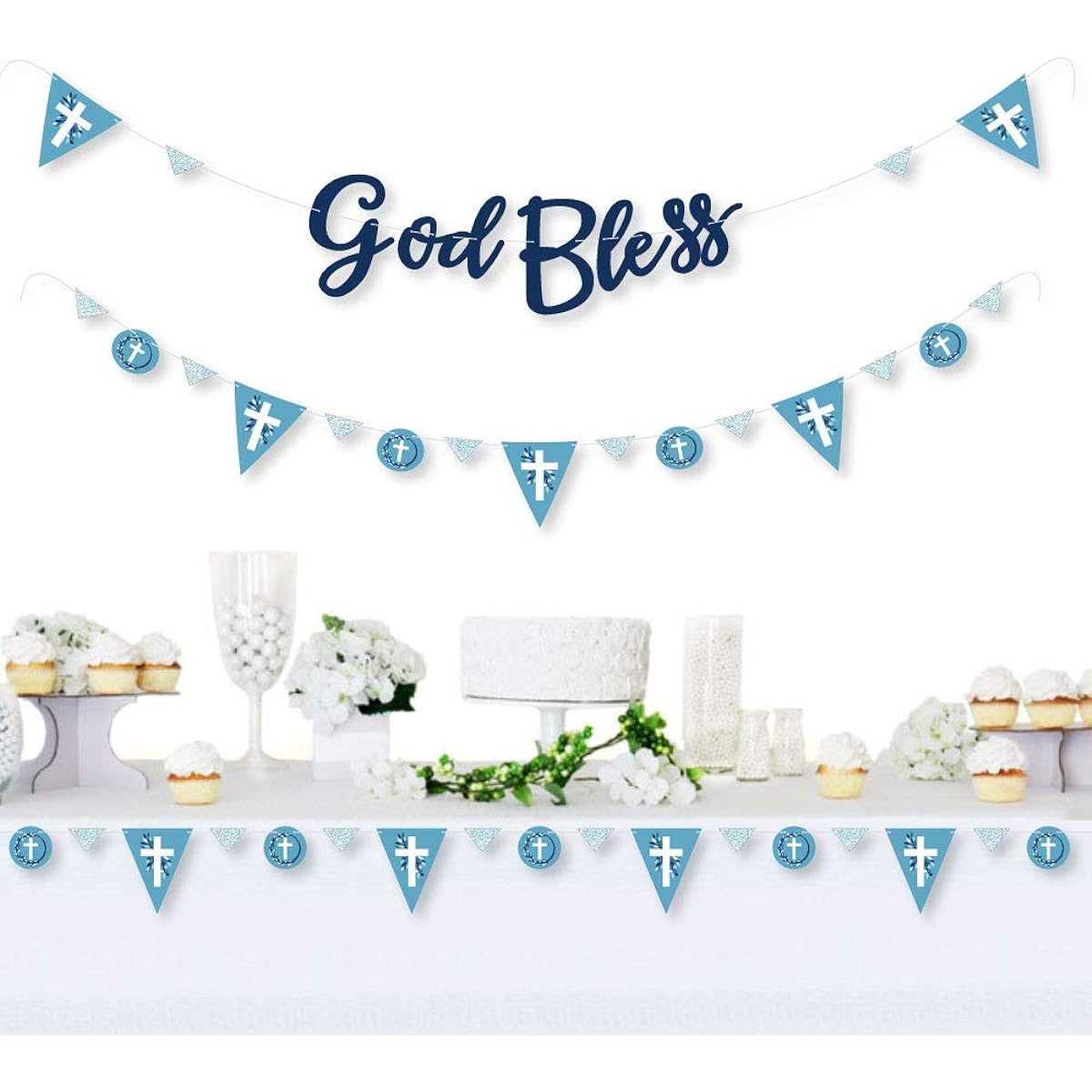 Big Dot of Happiness Blue Elegant Cross - Boys Religious Party Letter Banner Decoration - 36 Banner Cutouts and God Bless Banner Letters