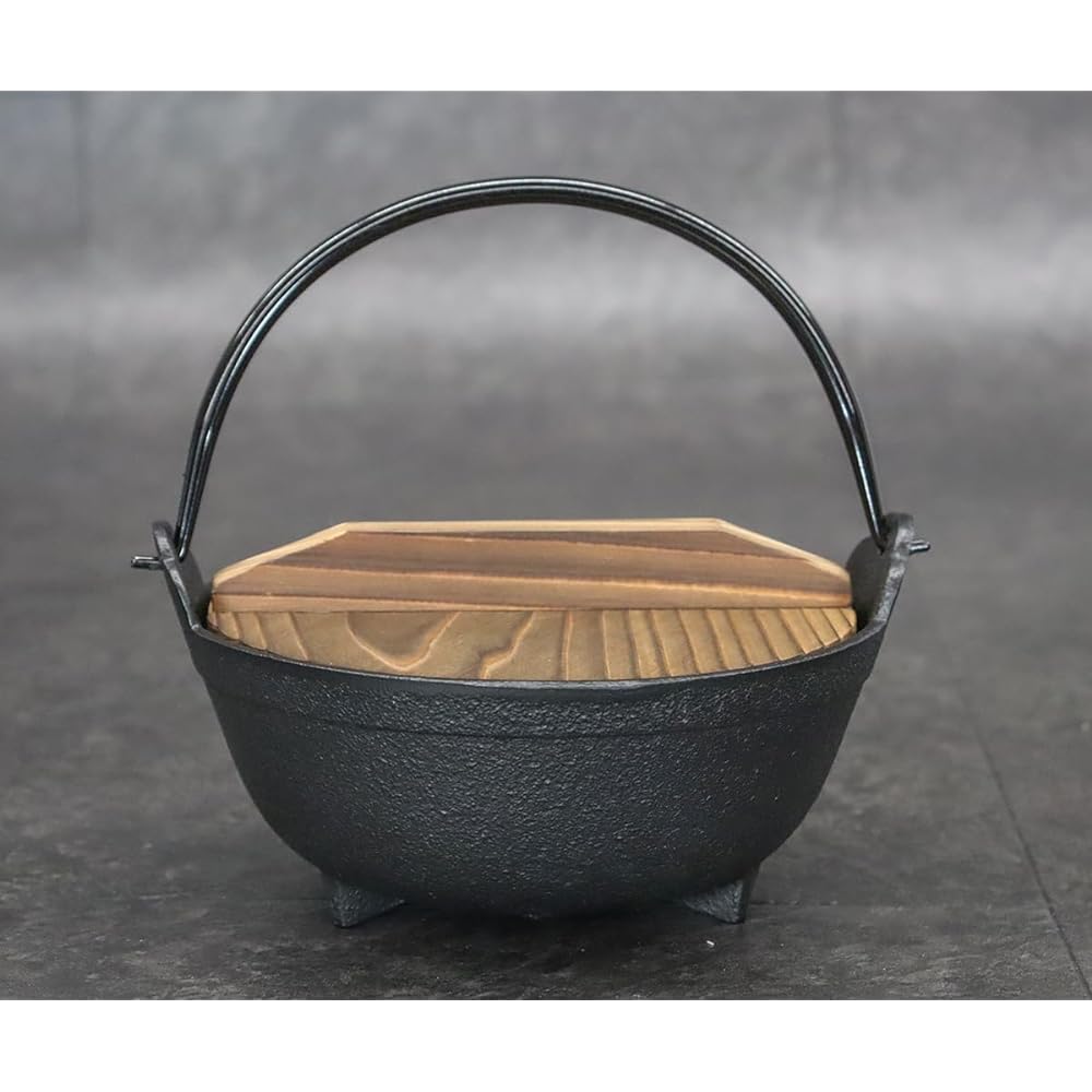 Asahi Nanbu Iron Pot, Irori Pot, Outer Diameter 15cm, 1 vine, with wooden lid (gas/IH compatible), commercial use item