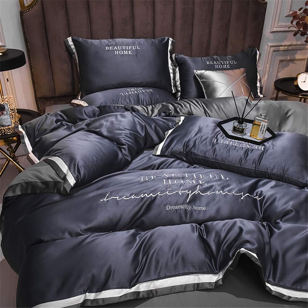 Bedspread, double, 4-piece set, silk-like material, fitted sheet, smooth, duvet cover, cool, 2 pillowcases, embroidered, gentle to the touch