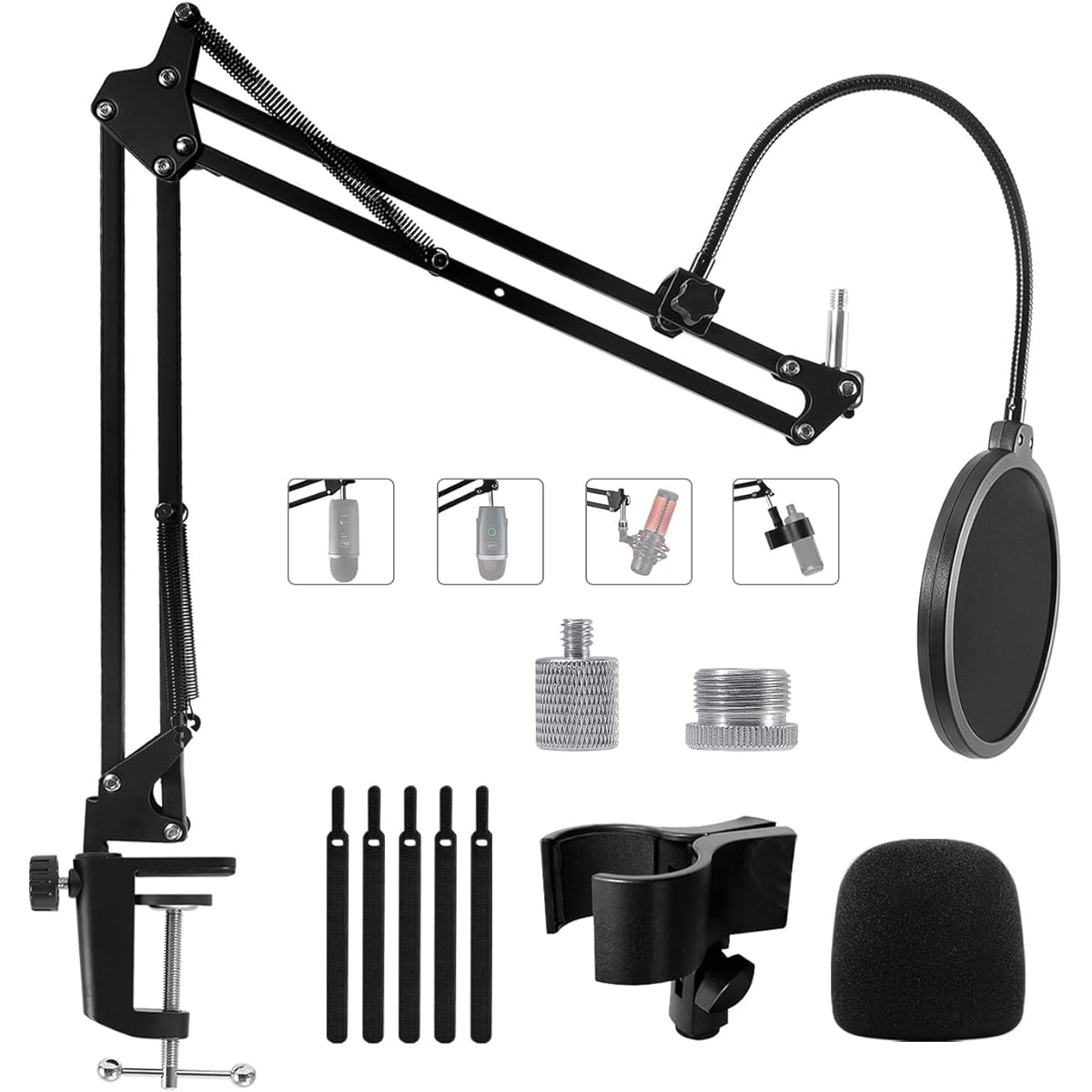 Microphone Stand for Blue Yeti, Yeti Nano, Snowball and Other Microphones, Computer Stand with Adjustable Suspension Arm with 3/8" to 5/8" Screw, 1/4" Pop Filter, Clip Mount microphone, cable ties