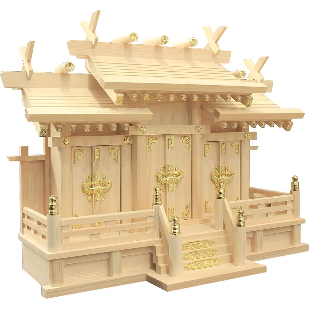 Matsuyama Shinto Buddhist Altar Shop, Shinto Altar, Three Shrines with Different Roofs, Small Shinto Shrine, Divine Mirror Set, Cloud Sticker Included, Made in Japan, Made in Japan, Hinoki Cypress, Width 54cm, Height 44cm, Depth 23cm