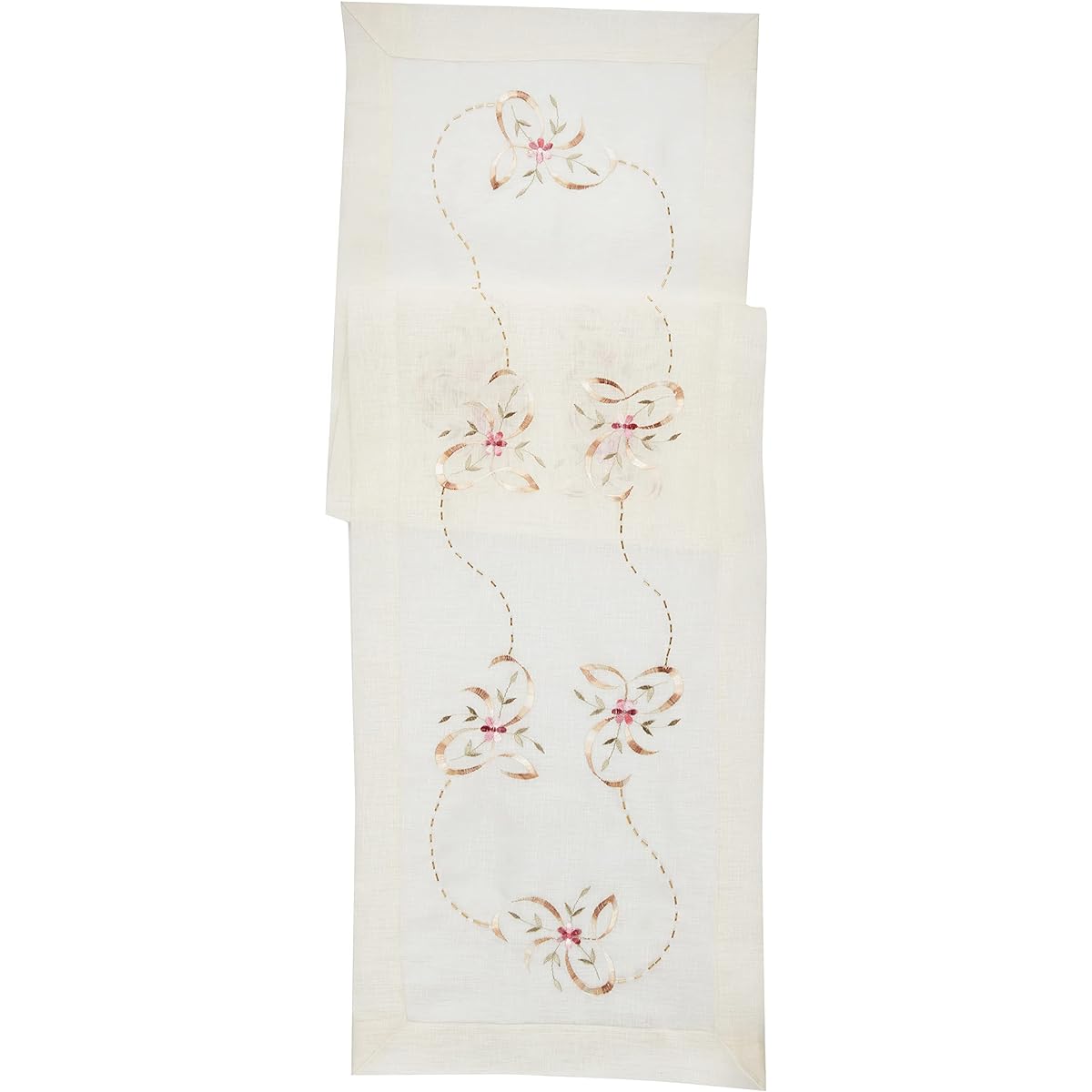 Violet Linen Ribbon Lace Pattern Polyester Embroidered, Beaded Decorated Table Runner, 14" x 54", Ivory