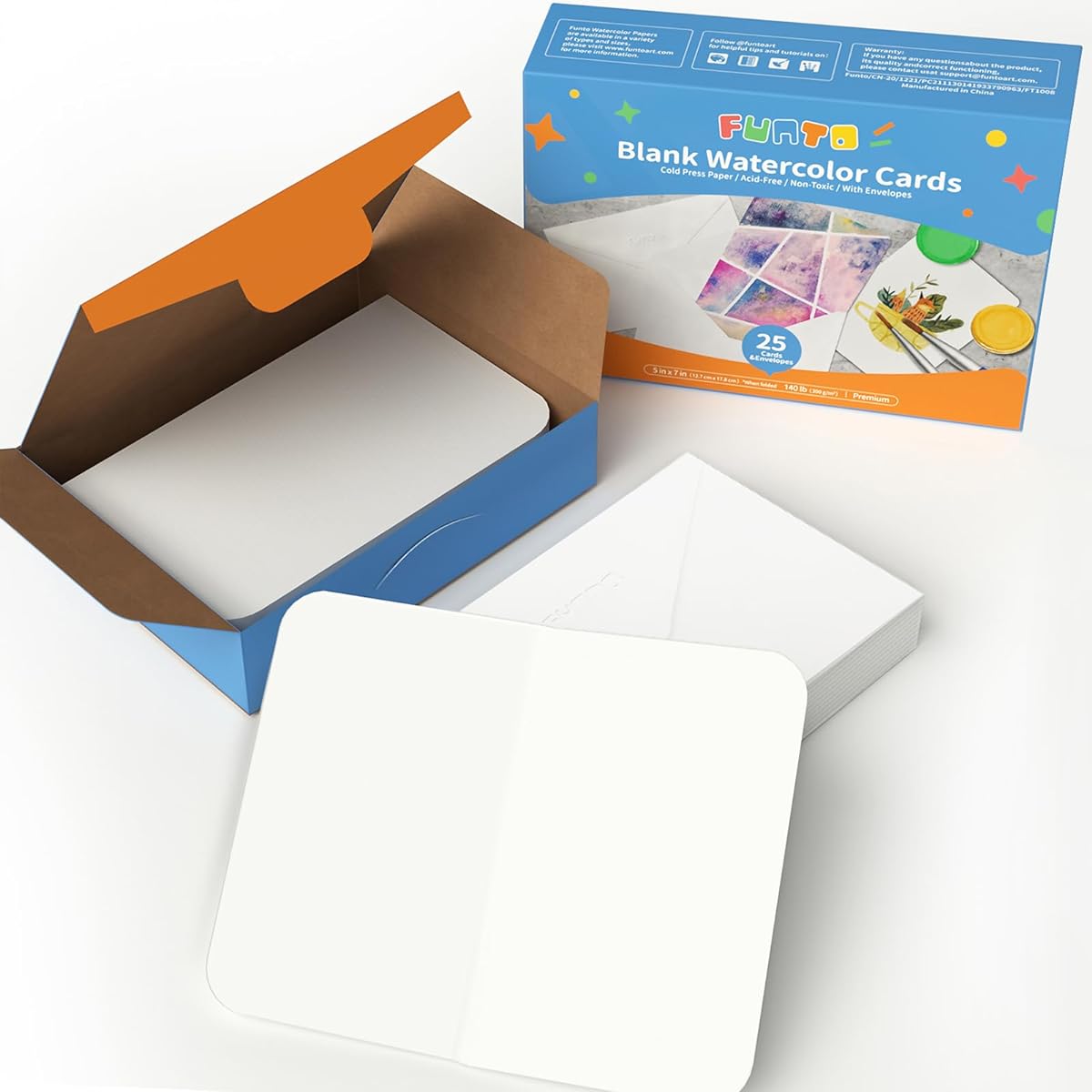 Funto Blank Watercolor Cards with Envelopes, 2 Pack of 25 5" x 7" Cards (140lb/300gsm), Blank Note Cards for Watercolor Journals, Acid-Free Heavyweight Art Paper, Thank You Notes & Greeting Cards