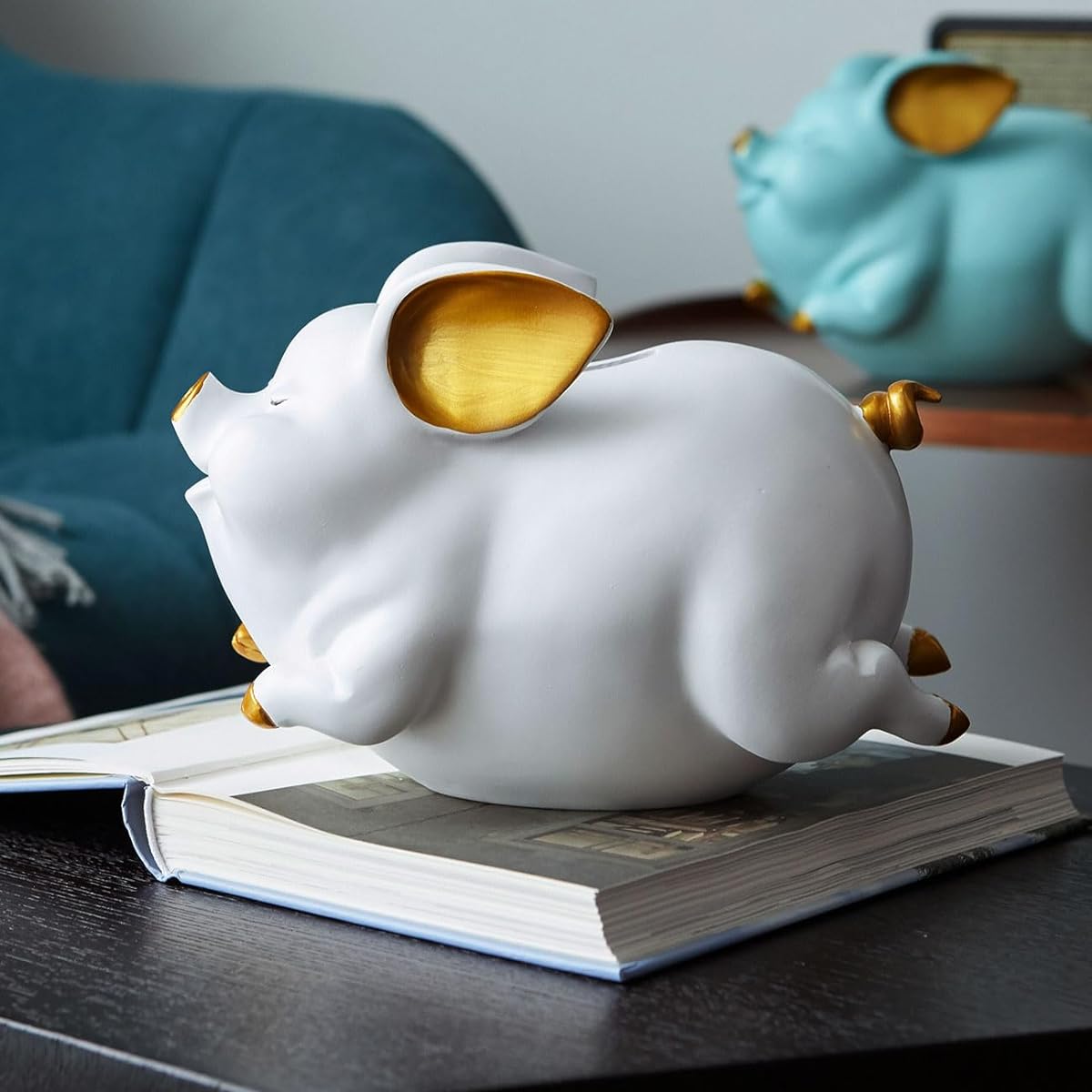 HomeBerry 21cm Large Polyresin Piggy Bank Money Box Savings Bank Piggy Bank Money Box Pig Figurine Nursery Decor Gift White