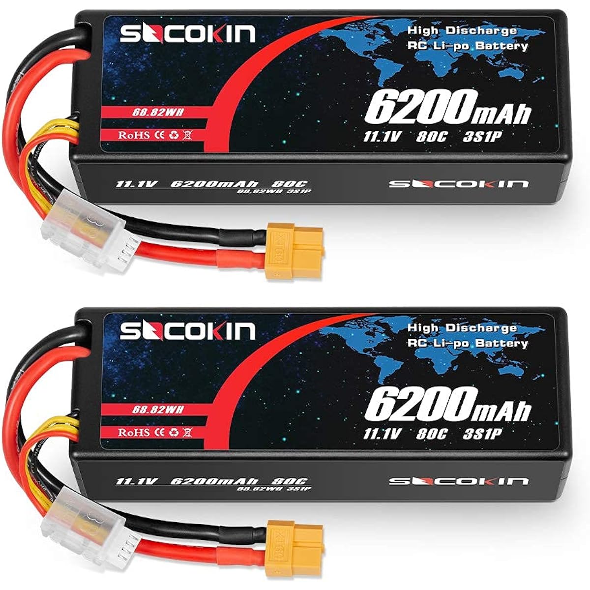 Socokin 3S Lipo Battery 11.1V 6200mAh 80C Hard Case XT60 Plug for RC Racing Truck RC Boat RC Racing Car Racing RC Heli Airplane Toys (2 Pack)