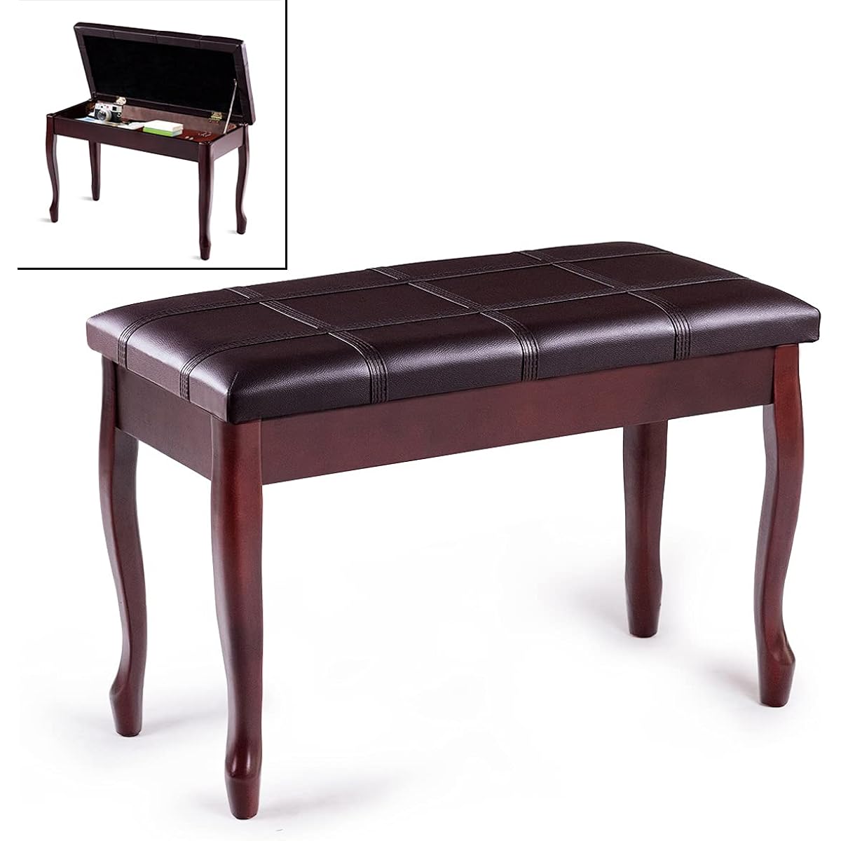 Happygrill Piano Bench with PU Leather Padded Cushion, Comfortable Double Duet Seat Stool with Storage and Sturdy Wooden Legs