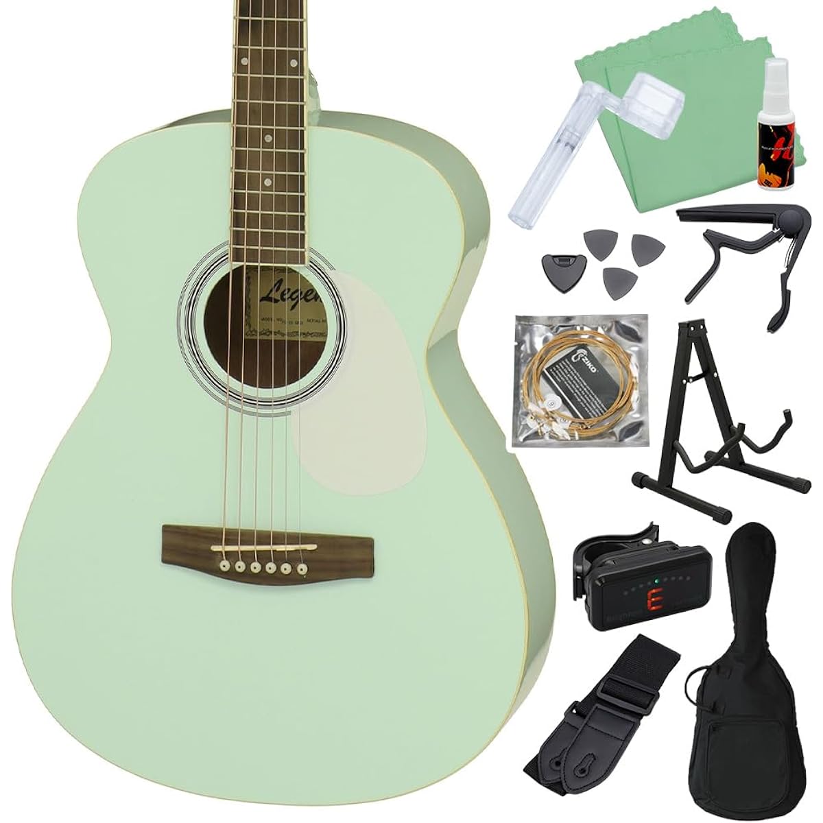 LEGEND FG-15 Surf Green Acoustic Guitar Beginner 12 Piece Set Legend