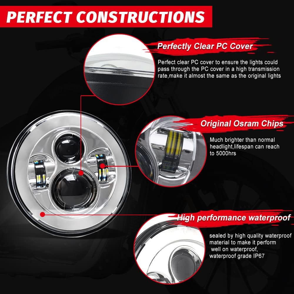 Tugwuetlwu 7 LED Headlight for Harley-Davidson Road King Street Glide Electra Glide Ultra Limited Heritage Softtail Slim Deluxe Fatboy with LED Path Lamp and Bracket Mount Ring