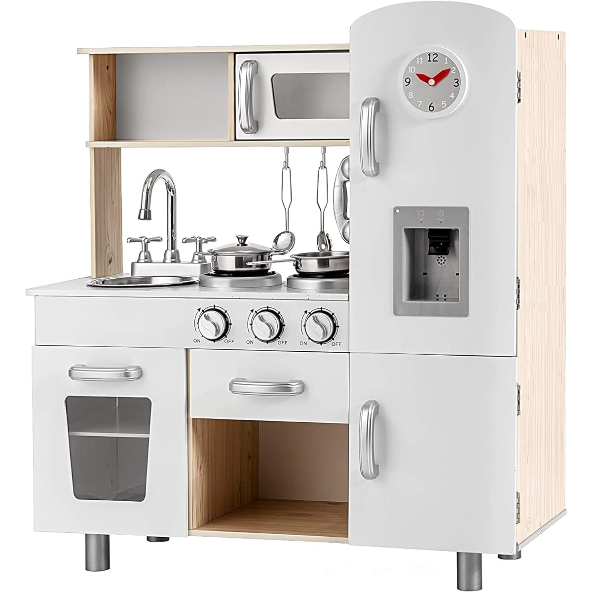 OLAKIDS Kids Kitchen Playset for Toddlers Wooden Pretend Toy with Refrigerator, Stove, Microwave, Telephone, Sink, Water Dispenser, Real Lights and Sounds, Cabinets, Kids Cooking Gifts for Ages 3+