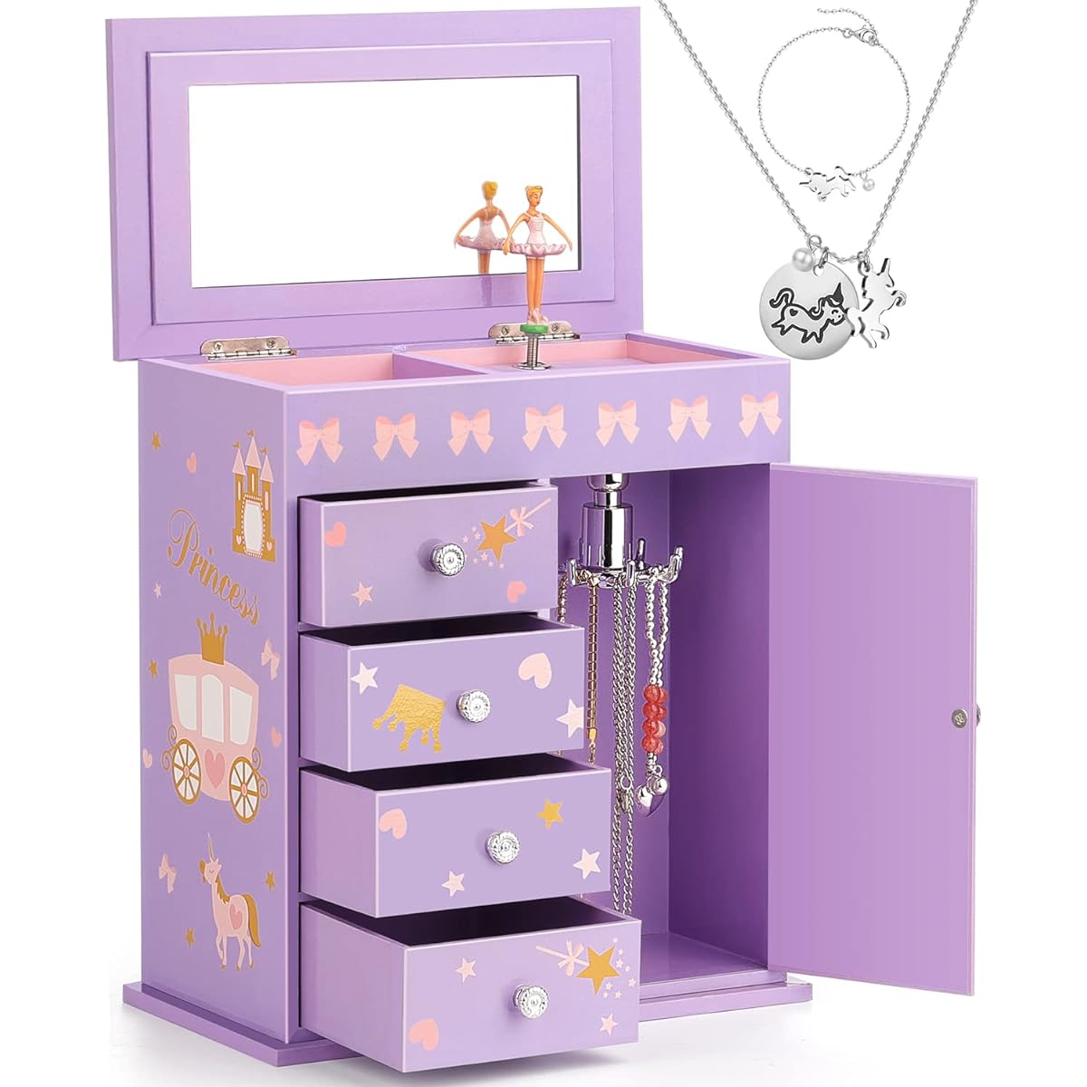 efubaby Upgraded Jewelry Box for Girls, 5 Layer Swing Door Spinning Ballerina Unicorn & Castle Design Unicorn Jewelry Set with Kids Jewelry Box for Little Girls Birthday Christmas Gift Purple