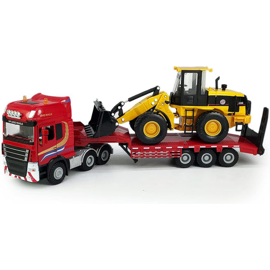 Flatbed Truck Toy with Shovel Loader Tractor Bulldozer Semi Towing Trailer Metal Die Cast Construction Vehicle 2 in 1 Vehicle Playset Friction Powered Toy Truck for Boys Kids Gift Red