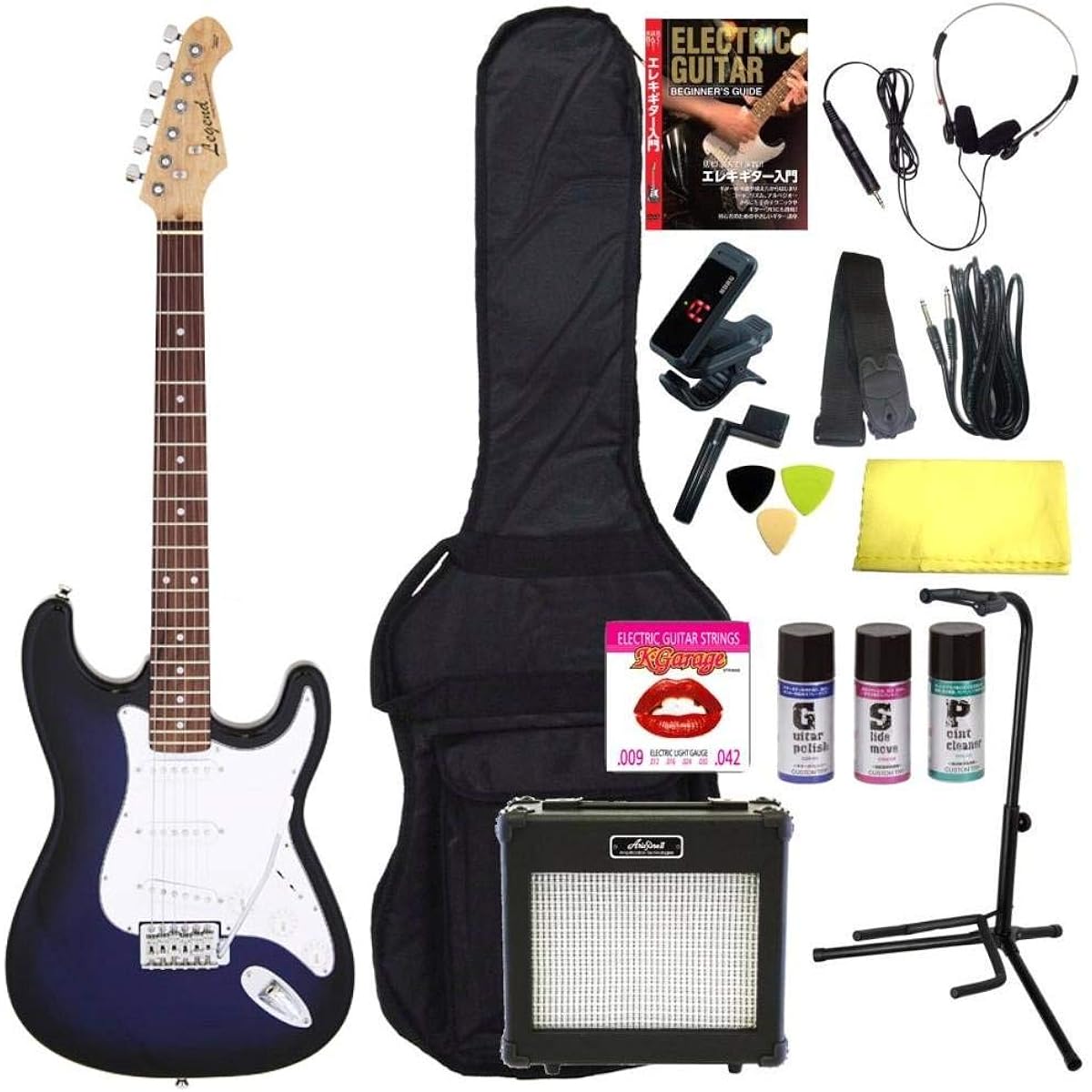 [Perfect 16-piece set/ARIA 6W amplifier] Legend LST-Z BBS (Blue Black Sunburst) Stratocaster electric guitar beginner set introductory set
