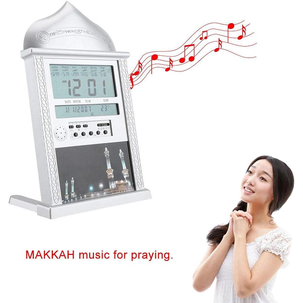 Muslim Alarm Clock, Muslim Islamic Prayer Clock Azan Prayer Alarm Digital Azan Table Clock Silver Battery Excluded Azan Clock