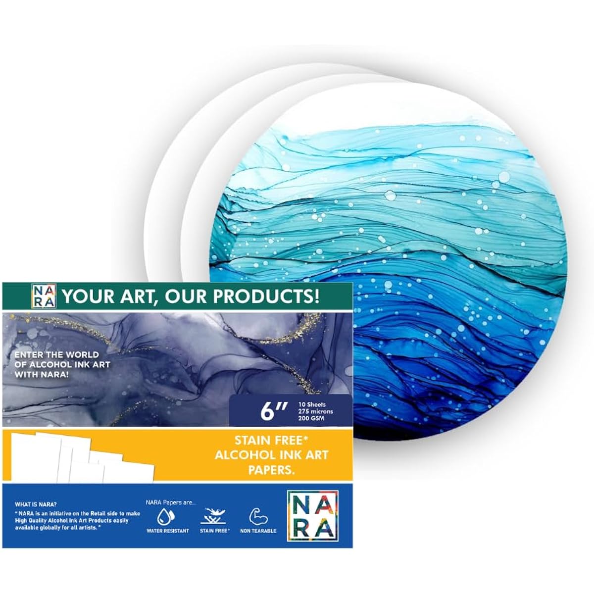 NARA | Alcohol Ink Paper | Paper for Alcohol Ink Painting | 6" Diameter Circle | 275 Micron/200GSM | Medium Paper | 10 Sheets | 100% Smudge Proof