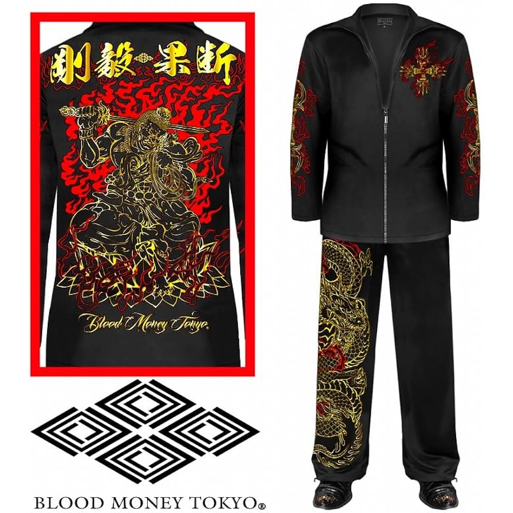 [Blood Money Tokyo] [MBT-23010] Long Sleeve Setup Jersey Clothes Fudo Myoo Dragon Japanese Pattern Black Gold Men's Fashion Yakuza Yankee Oraora Flashy