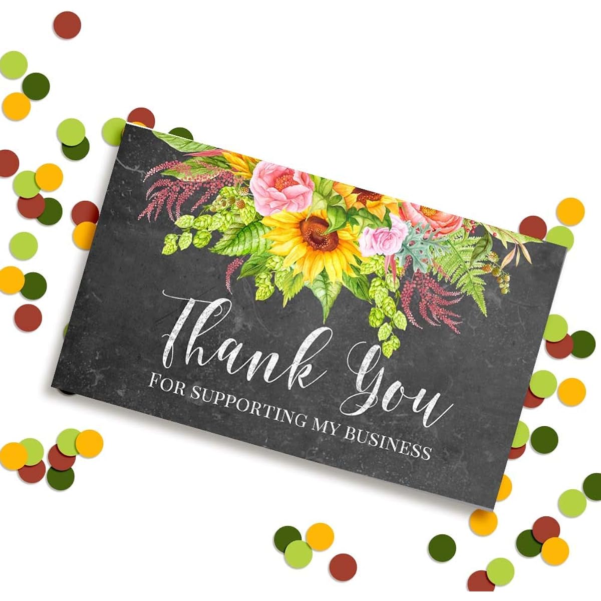 AmandaCreation Chalkboard Floral Sunflower Thank You Customer Appreciation Package for Small Business, 100 Count, 2" X 3.5" Single Sided Insert Cards