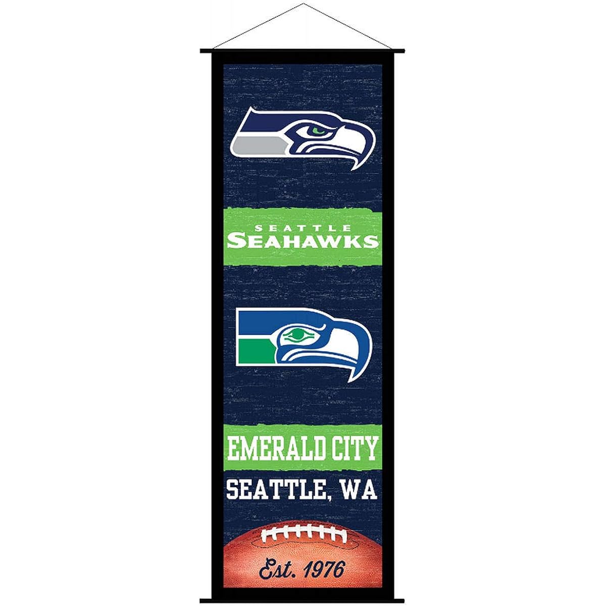 Seattle Seahawks banner and scroll sign.