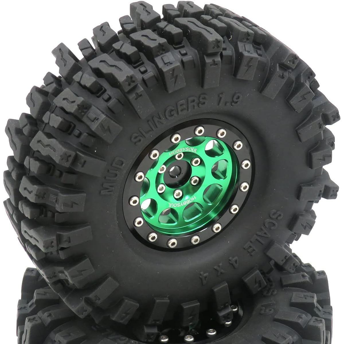 Hobbysoul RC 1.9 Mud Slinger Tires Soft Grip Off-Road Tire Height (OD) 120mm & 1.9 Beadlock Wheels Hex 12mm Black/Green Color Rims 2pcs