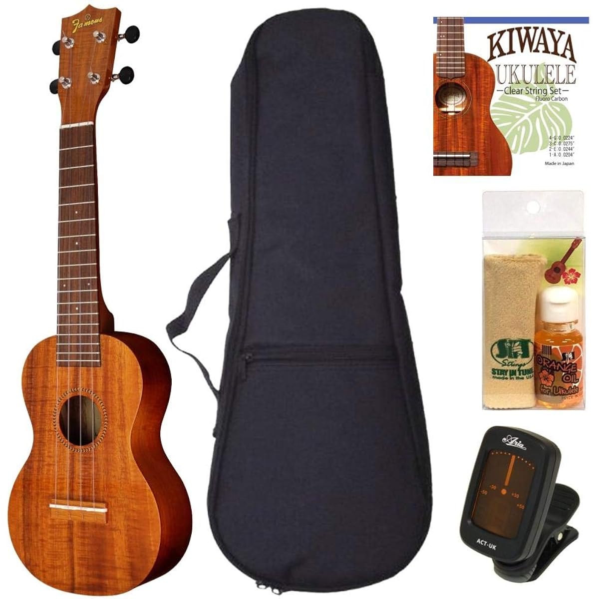 [Standard 5-piece set] Famous FS-8LN Famous Japan-made standard ukulele introductory set