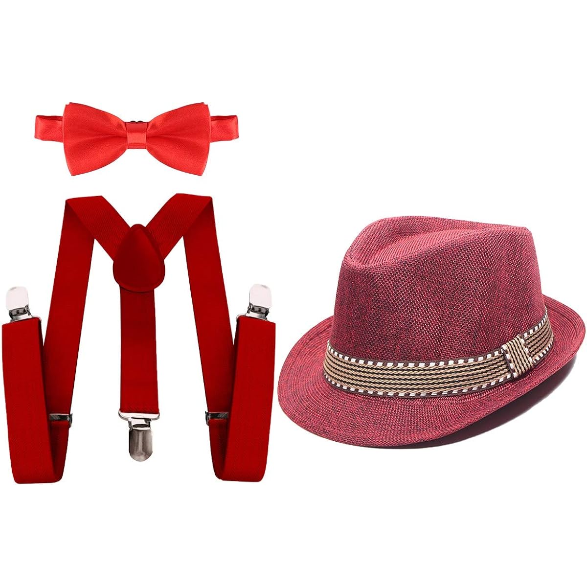 HIHCBF 1920s Kids Costume Accessories Set for Boys Party Outfit Adjustable Suspenders Bow Tie Short Brim Fedora Hat
